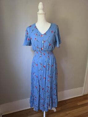 Blue Floral V-Neck Midi Dress